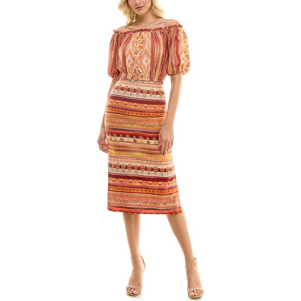 Anthro New W/Tag Maison Tara Spice Paprika Orange Geo Top Skirt Set US 14